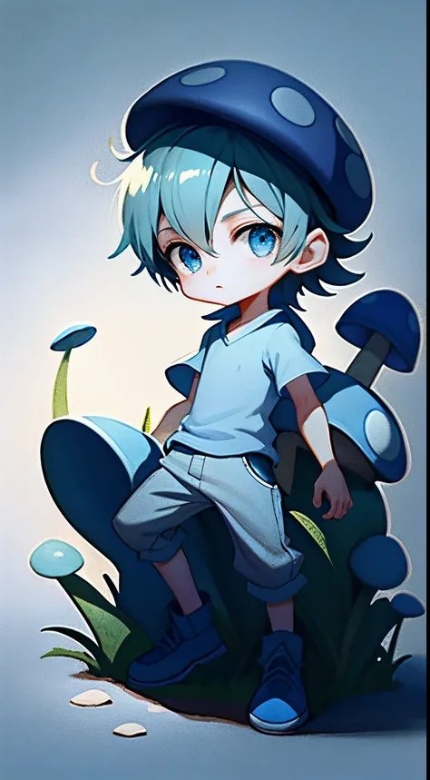 1 boy,blue mushroom hat,