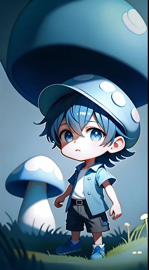 1 boy,blue mushroom hat,