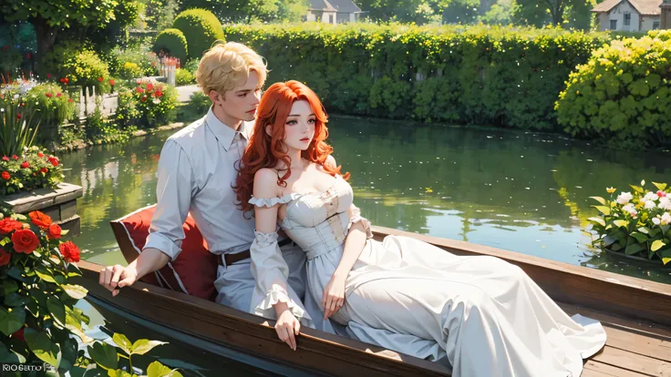 A blond man and a woman with curly red hair on a boat in a romantic scene in Monet&#39;s Garden 4k altamente detalhado, ((ROSTOS PERFEITOS))