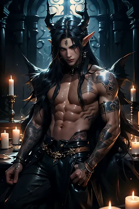 ((Best quality)), ((masterpiece)), (detailed), ((perfect face)), ((halfbody)) perfect proporcions, He is a handsome demon, 18 years old, with long fluffy dark hair, he has long wavy hair, demon wings, he has a demon tail, he has dark blue hair, demon horns...