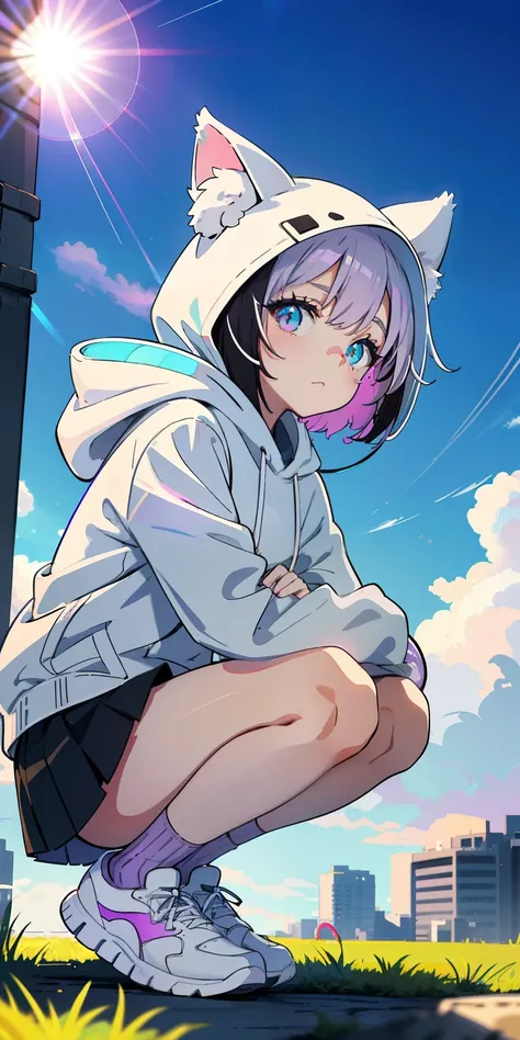 Cozy cute short girl squatting outdoors in white hoodie, Cat ear, (floating lens flare bubble), tooth, (fine eyes, Two-tone eyes, purple turquoise gradient eyes), short gray hair, fluffy hair, sneakers, white lingerie, black mini skirt, Park scenery in bro...