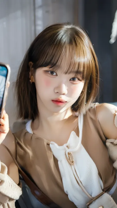 there is a woman that is holding a cell phone in her hand, ulzzang, Con pelo corto, retrato realista kawaii, pale korean adorable face, Lalisa Manobal, foto de retrato foto de perfil, obra de arte al estilo de guweiz, joven y adorable rostro coreano, sol y...