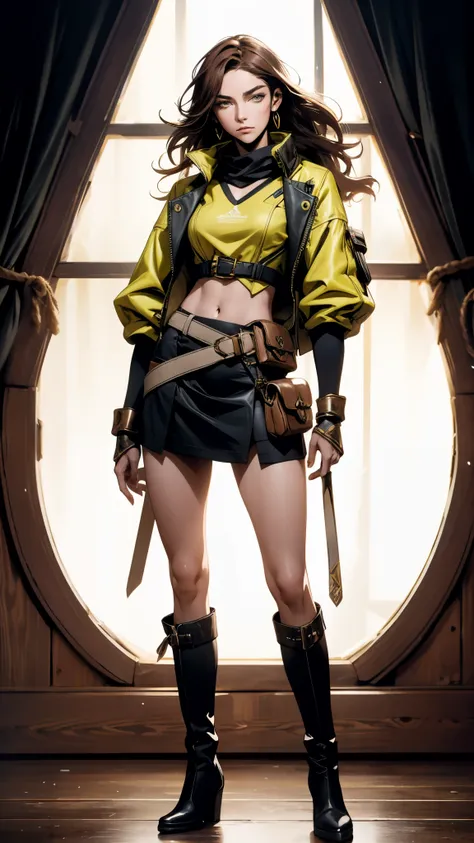 A woman with long brown hair, a determined expression on her exquisite face, a tall and muscular physique, a cropped top that exposes her waist, a yellow leather jacket with rolled-up sleeves, sturdy wooden forearm guards, two ribbons are elegantly tied ar...