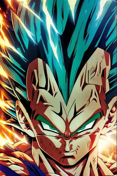 (aesthetic, hi-res: 1.2), close up of a green super sayian vegeta, glowing eyes, blue fire power, epic anime about energy man, 8...