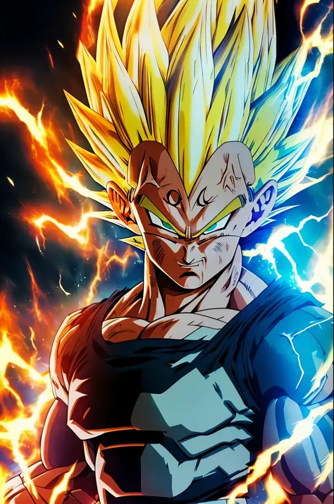 (aesthetic, hi-res: 1.2), close up of a green super sayian vegeta, glowing eyes, blue fire power, epic anime about energy man, 8...