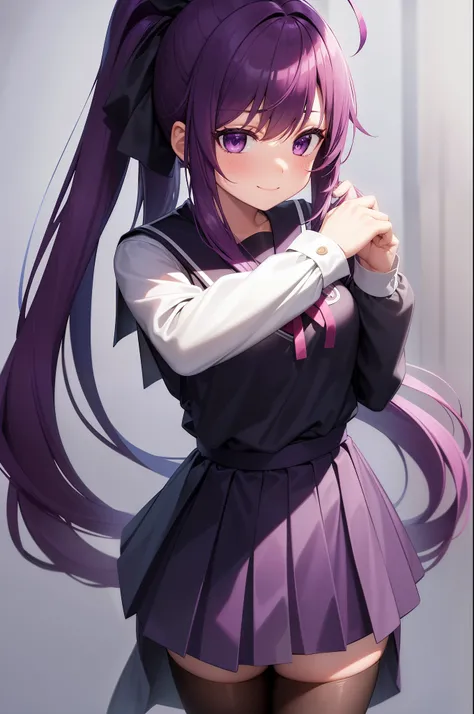 rating:safe, 1girl, solo, smile, long_hair, purple_eyes, antenna_hair, long_sleeves, school_uniform, purple_hair, striped, skirt, alternate_hairstyle, looking_at_viewer, blush, serafuku, ribbon, striped_background, shirt, ponytail