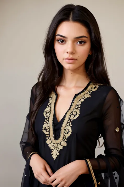 ((best quality)), ((masterpiece)), (detailed), perfect face, close up, Kendall Jenner, wearing indian full salwar kurta, traditional salwar kurta, black color kurta, perfect full kurta dress, 4k, soft skin, full body