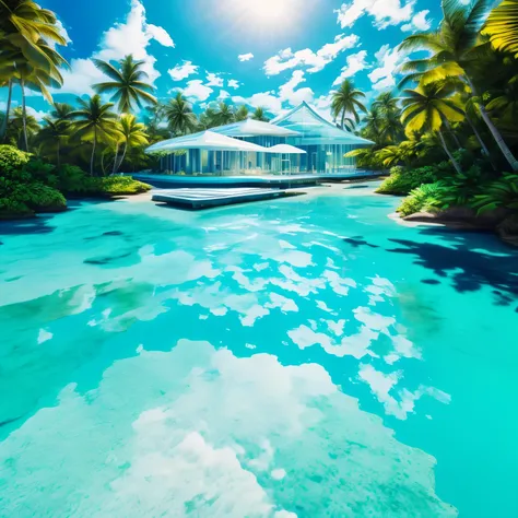 best quality, 32k, RAW photo, incredibly absurdres, extremely detailed, A tropical resort, a floating cottage, a floor, walls and ceiling made of transparent glass acrylic sheets, a gorgeous room, a beautiful light blue sea, and a white ocean floor, delica...