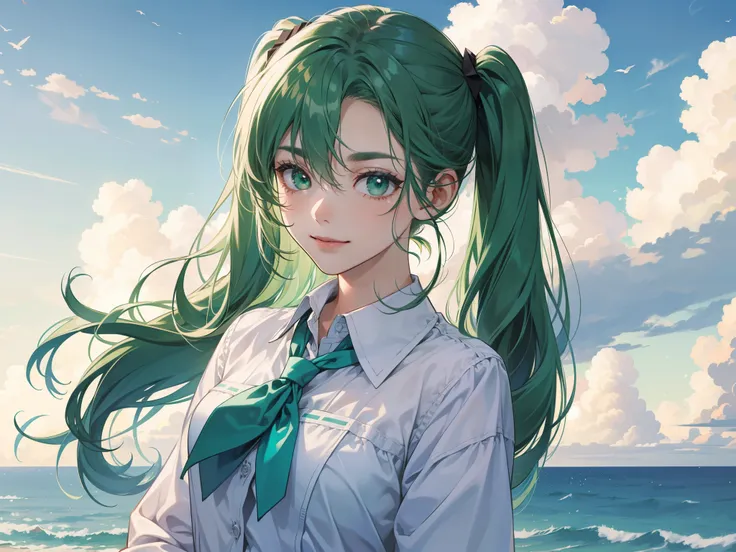 rating:safe, solo, 1girl, long_hair, sky, cloud, green_eyes, looking_at_viewer, closed_mouth, smile, cloudy_sky, water, green_neckwear, outdoors, eyebrows_visible_through_hair, twintails, shirt, hair_between_eyes, green_hair, dark_skin, upper_body, bangs, ...