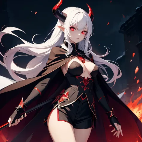 Demon, snow white long hair, glowing red eyes, Scythe, black fancy revealing clothes(shorts and a cape starteing from waist), feminine, no horns, no pointy ears 