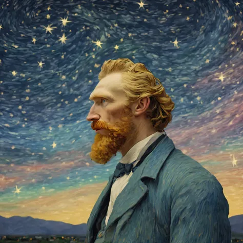 (melhor qualidade,4k,8k,high resolution,obra de arte:1.2),ultra-detalhado,(realista,photorealista,photo-realista:1.37),Vincent van Gogh on a crescent moon in the sky, lindos olhos detalhados, contemplando as noites estreladas, rosto expressivo, long flowin...