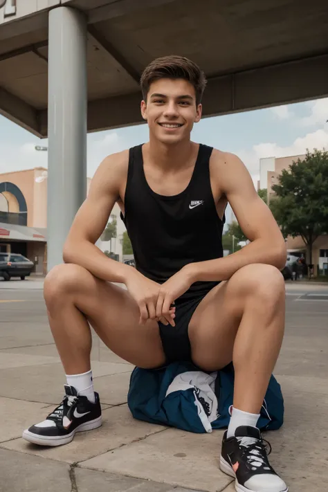 realistic photo of teenager 18 years old, male teenager, alpha male, tall, tank top black, perfect skinny body, shorts, nike dunk red shoes, full body, on shopping center, perfect , big smile, perfect angelical face, perfect face, happy, full 4k