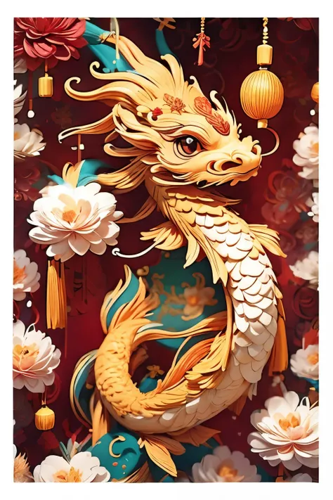 koi fish surround cute chinese dragon, （（（eyes are very bright）））fireworks background，contrast with red background。 the entire d...