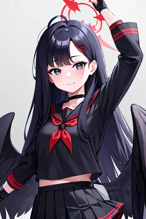 ichika nakamasa, ahoge, black hair, black wings, feathered wings, hair ornament, hairclip, halo, long hair, low wings, red halo, wings,
armband, black choker, black gloves, black sailor collar, black serafuku, black skirt, choker, gloves, long sleeves, nec...