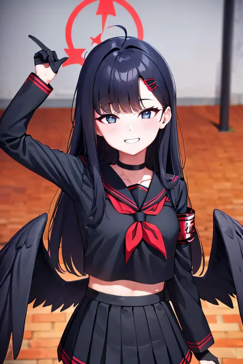 ichika nakamasa, ahoge, black hair, black wings, feathered wings, hair ornament, hairclip, halo, long hair, low wings, red halo,...