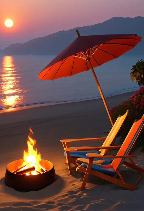 (GTA STYLE:1.5)，beach，Sunset，drunkard， Heqiang，beach umbrella，bonfire，荧光beach，温柔的Sunset，beautiful garden，stunning sea view，