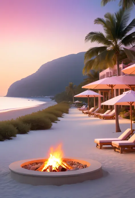 Dream Resort，pastel tones，Light style，Comfortable and calm，nature，warm and cozy，fluorescent beach，Gentle sunset，beautiful garden，stunning sea view，，Beach umbrellas，bonfire，