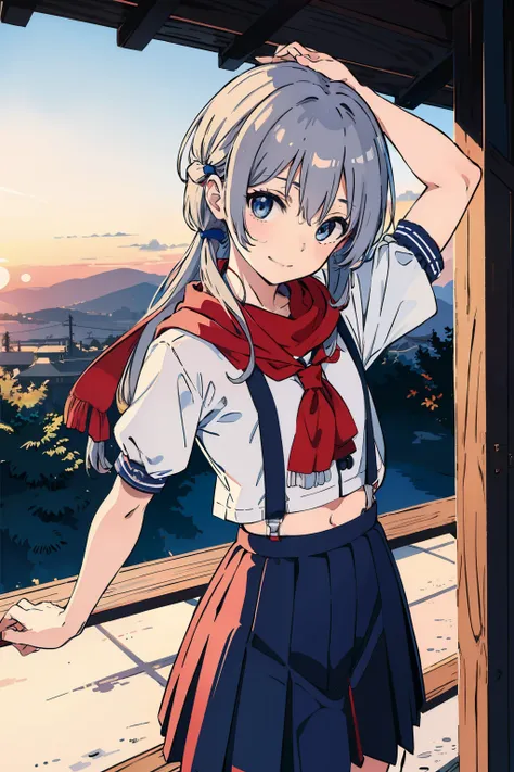 Allan (Touhou), hair tie ribbon, 1 girl, alone, cowboy shooting, (Sefuku:1.4), White suspender short top, pleated skirt,  Blue sailor collar, scarf, Silver hair, very long hair, curls, Put your arms behind your back, outdoor, Sunset, Keep your mouth shut, ...