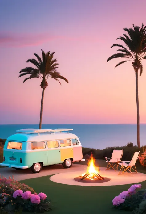 Dream Resort，pastel tones，Light style，Comfortable and calm，nature，warm and cozy，fluorescent beach，Gentle sunset，beautiful garden，stunning sea view，camper van，Beach umbrellas，bonfire，