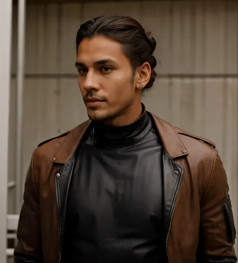 Buetifull gorgeous man with tan skin has a black goatee, has dark brown hair tied uo in a bun, wearing black leather jacketand a white tshirt,