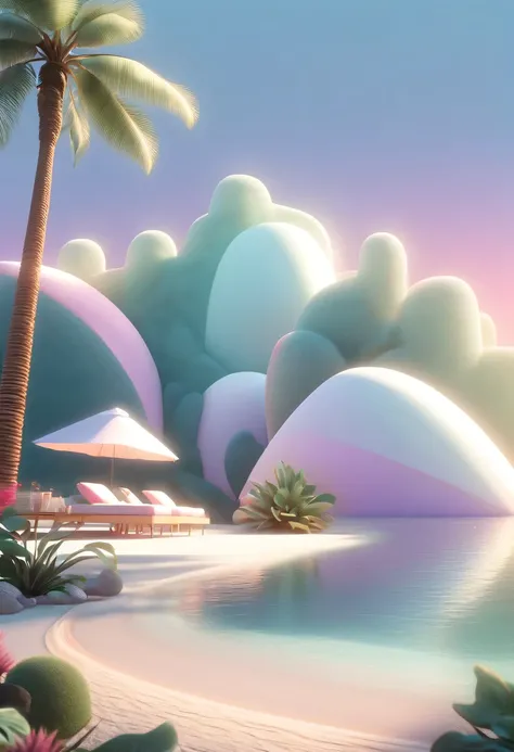 Dream Resort，pastel tones，Light style，Comfortable and calm，nature，warm and cozy，beach，Sunset，garden，