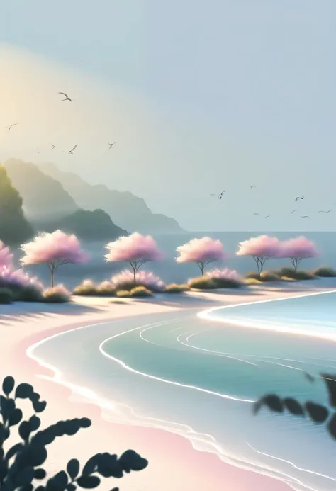 pastel tones，Light style，Comfortable and calm，nature，warm and cozy，beach，Sunset，garden，