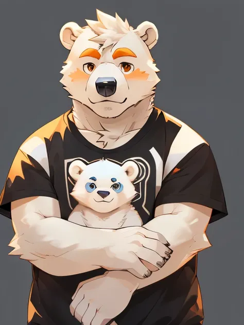 ((polar bear)), a furry bear with white fur and orange eyebrows, orange big eyes with white center, cub, belly, peace signs in both hands, wearing a black t-shirt, look at viewer, spiky hair, simple background, round face, lower half portrait