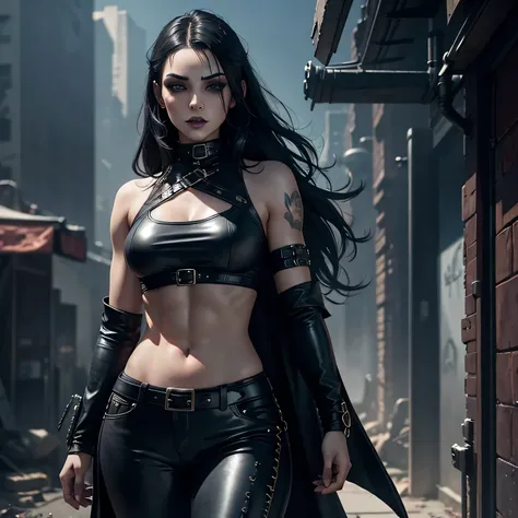 1 girl, heavy goth makeup, fantasy character, cyberpunk horror, dark fantasy, navel, gothic mage, muscular abs, leather cropped ...