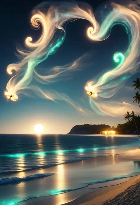 Dream Resort，pastel tones，Light style，Comfortable and calm，nature，warm and cozy，night，There will be blue lights on the beach，surging in the waves、when the sea breeze blows，fluorescent beach，stunning sea view，Beach umbrellas，bonfire，Very mysterious and beau...