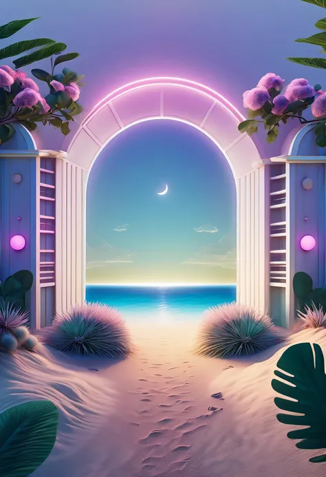 Dream Resort，pastel tones，Light style，Comfortable and calm，nature，warm and cozy，fluorescent beach，Gentle sunset，beautiful garden，