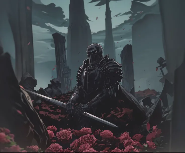 um close de uma pessoa com uma espada em um campo de rosas, Arte de Dark Souls style, armadura negra de cavaleiro caveira berserk, no estilo de dark souls 3, fallen knight, cavaleiro do mal, Arte de Dark Souls, Estilo Dark Souls, wretched and corrupted kni...