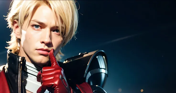 Char Aznable, Blonde Hair, Bright Blue Eyes, Handsome Face, Red Gloves, Masterpiece, Volumetric Lighting, Photography, Realistic Render, 3D Rendering