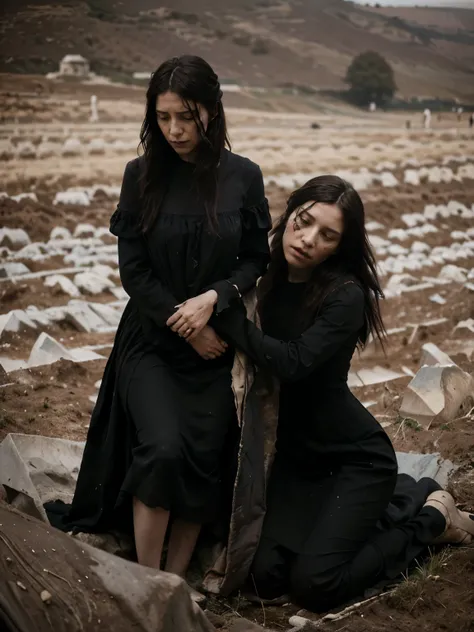 ((Jeremy Lipking style)) ((Nicola Samori style)) two women buried in the ground, two very ugly sad women, ((long black dress)), front, sky, field)), hair up, (oil on linen ), (photo from nikon d800, 50mm
lens), focus, ((two women with their legs buried in ...