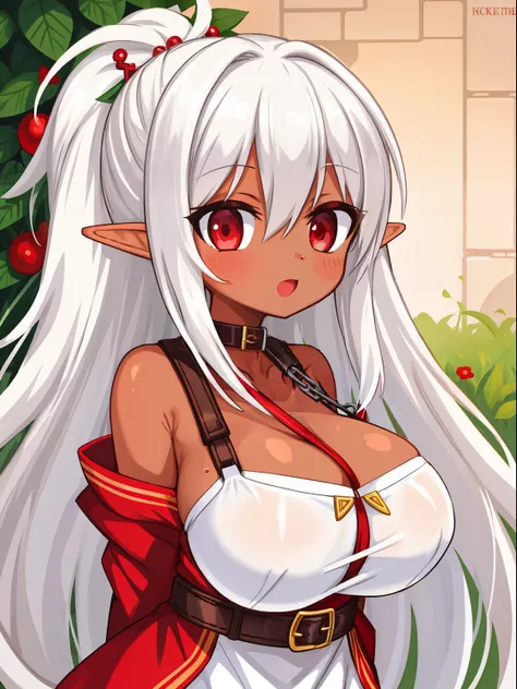 (tanned elf girl:1.2), (white_hair red_eyes) (slave attire), (leash) (belts), (huge tits)