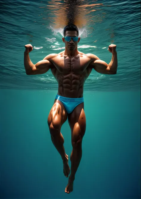 (1 man), muscular body, diving in crystal clear water, vibrant reflections, (perfect body proportions), background in shades of light blue, soft waves, aquatic nuances, Kodak Portra 400, natural light, intricate details, hyper-realistic photography, cinema...