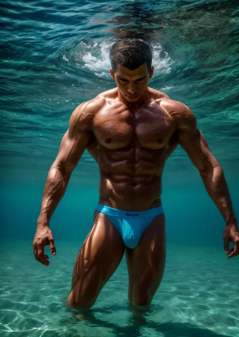 (1 man), muscular body, diving in crystal clear water, vibrant reflections, (perfect body proportions), background in shades of light blue, soft waves, aquatic nuances, Kodak Portra 400, natural light, intricate details, hyper-realistic photography, cinema...