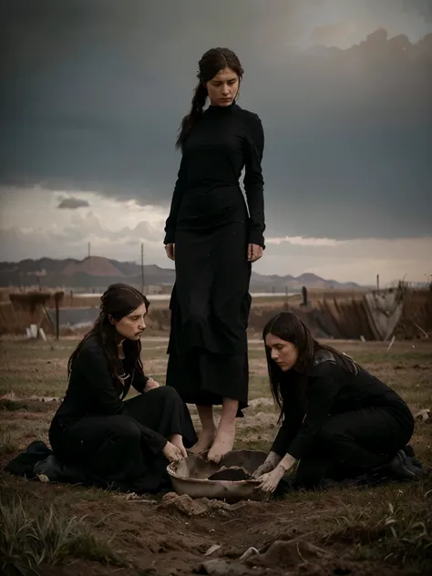 ((Jeremy Lipking style)) ((Nicola Samori style)) woman buried in the ground, two very ugly sad women, ((long black dress)), front, sky, field)), hair up, (oil on linen), (photo from nikon d800, 50mm
lens), focus, ((two women with legs buried in the ground)...