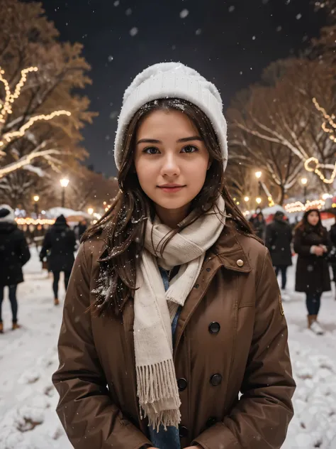 looking in the sky, 21 year old young woman with dark brown hair, medium size chest, she is outside in central park, New york, winter clothes on, she is looking in the sky witht he snow falling, snowing durign winter, photo is taking away