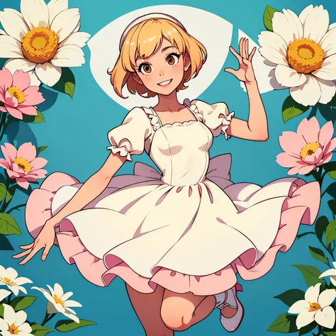 ((1girl)), peach skin, blonde hair, short hair, white headband, brown eyes, skinny, lanky, cheery, bubbly,  cute face, wide smile, tight pink dress, white flowers on dress, puffy sleeves, white heels