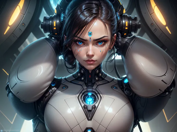 a close up of a person with a futuristic face and a glowing eye, symmetrical portrait scifi, symmetry!! portrait of cyborg, artgerm julie bell beeple, symmetrical face concept art, epic scifi character art, portrait of a cyborg queen, sci - fi face, sci-fi...