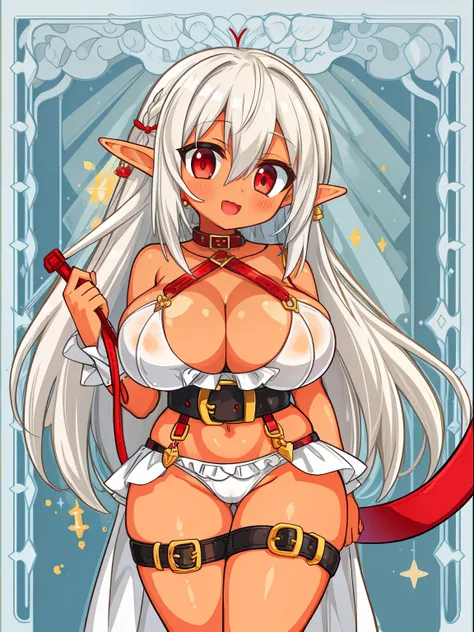 (tanned elf girl:1.2), (white_hair red_eyes) (slave attire), (leash) (belts), (huge tits)