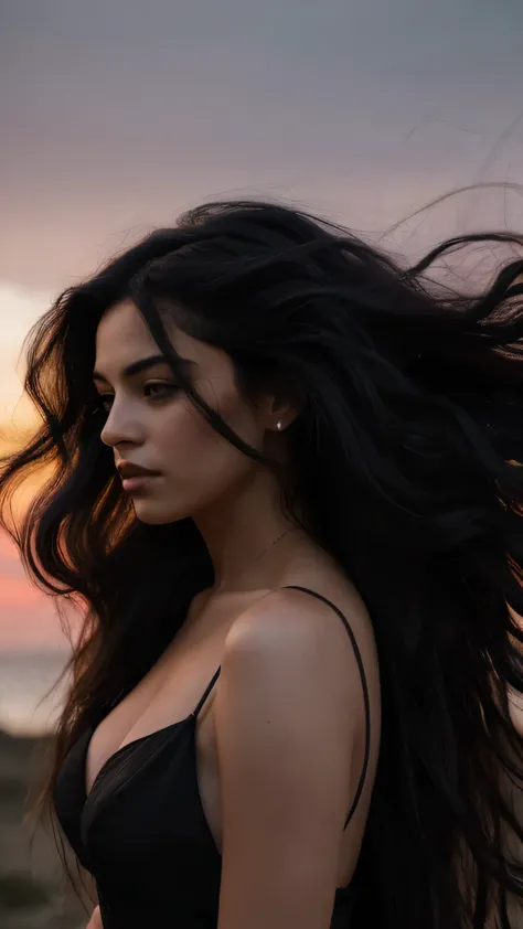 a photograph of a woman with black long hair with windswept tresses, her hair entangled like flames against a twilight sky, emanating untamed beauty