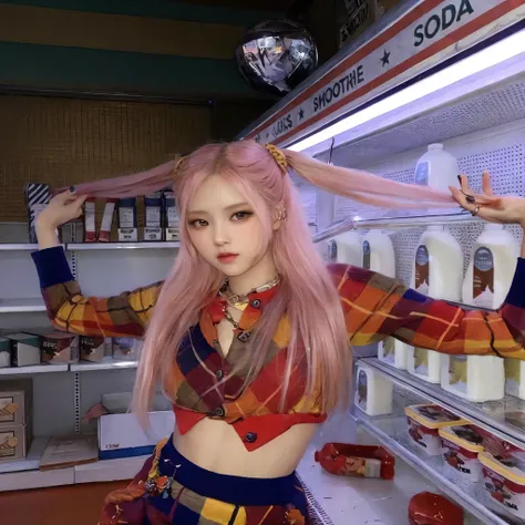 araffe girl con cabello rosado in a store with milk, parque roseanne de blackpink, jossi de blackpink, she parece una mezcla de mugre, portrait of jossi de blackpink, con cabello rosado, Lalisa Manoban de Blackpink, jisoo de blackpink, bella delfina, parec...