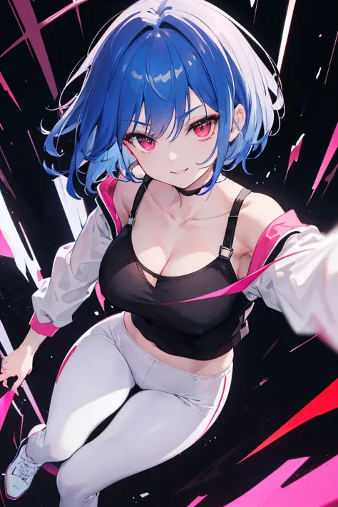 (masterpiece), best quality, expressive eyes, perfect face, thick eyebrows, large breasts, deep sea blue hair color, short hair with side hairbangs reaching the collarbone, hairbangs covering forehead, red ruby eye color), looking at viewer, crop oversized...