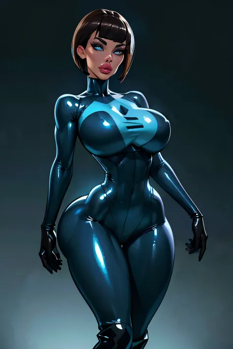 Generate a realistic illustration of a mature Madeline Fenton (Danny Phantom), ((blue bodysuit)), black gloves, (Aletta ocean face), blunt bobcut,  de terno preto, straight hair, (dark brown hair), ((black torso)), (slendered abs), black gun holster, (blue...