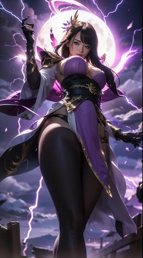 (ultra realistic photo, 8k uhd, full of details in clothes and face, masterpiece, girl goddess of beauty). Shogun Raider from Genshin Impact is a sexy woman with long, flowing purple hair, who wears a highly detailed sexy lingerie, she wears a jewel on the...