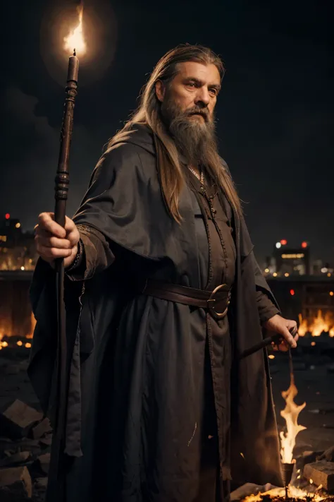 A wise old  looking man with long grey hair an beard in a cloak holding a staff opening a dark portal to a burning city