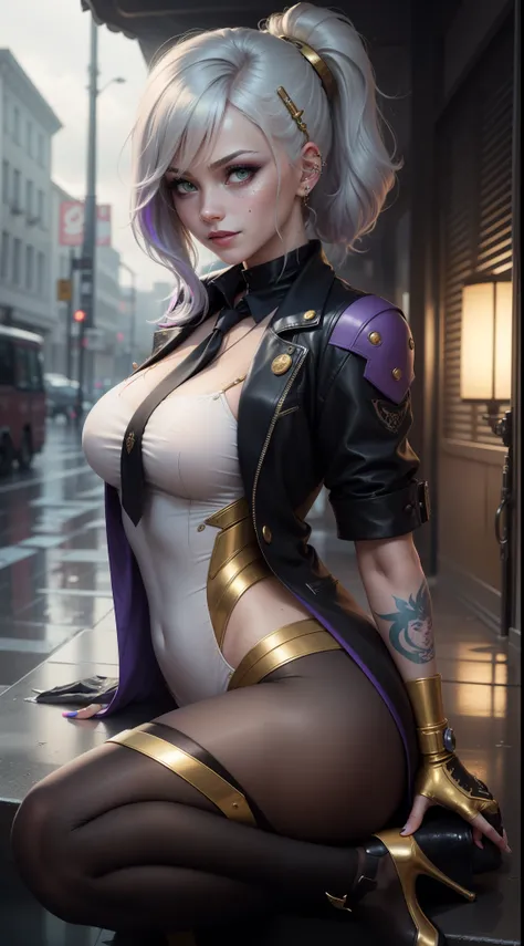 gwen tennyson,yorha 2b,akali,mordred,tracer, samus aran,overwatch,atelier ryza,close up,yakuza mansion,dragon tattoos,violet and gold plugsuit,white short sleeve formal blouse,formal violet vest,black formal tie,light gray short sleeve formal long coat,lig...