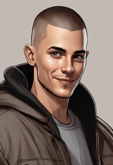 cartoon image of a male with faded buzz cut haircut wearing a gray hoodie, character portrait, light brown eyes, buzz cut(black:1.5,), smiling, inspired by Johnny Deep with short hair, (black:1.5,dark brown:1.3, gray:1.2),