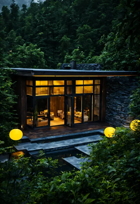 design view on a picturesque wooden modern villa nestled in the midst of towering mountains and a serene rainy forest. envision ...